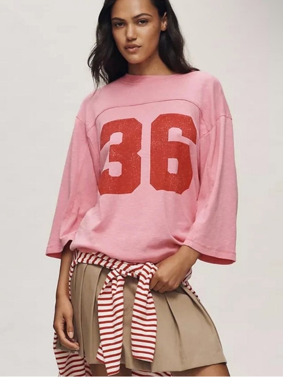 Anthropologie Tops - Anthropologie Pilcro 3/4 Sleeve Pink & Red Number Graphic 36 Varsity Tee NEW